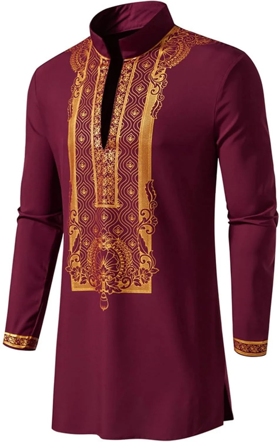 2PC Kaftan Muslim Robe Set for Men Gold Embroidered Long Shirts and Pants Outfits Ramadan Dubai Middle East Islamic Clothing
