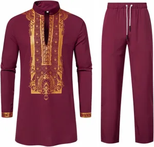 2PC Kaftan Muslim Robe Set for Men Gold Embroidered Long Shirts and Pants Outfits Ramadan Dubai Middle East Islamic Clothing