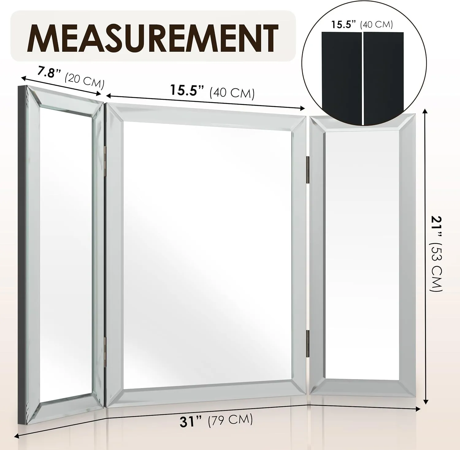 3 Way Mirror, Trifold Mirror, Trifold Vanity, Three Way Folding, Tri Fold, For Braiding Hair, 3way, 3 Sided, Three Panel, Triple, Tabletop, Bathroom, Bedroom, Makeup, Self Haircut, 360, 21 x 31 Inch