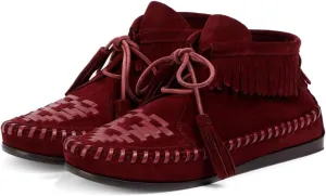 Agodor Women Slouched Ruched Fold Over Ankle Boots Suede Leather Woven Fringe Western Cowboy Boots Flat Lace Up Retro Short Booties