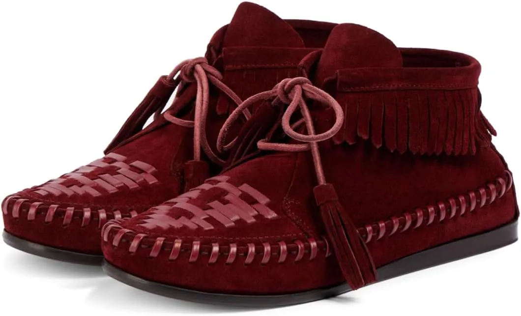 Agodor Women Slouched Ruched Fold Over Ankle Boots Suede Leather Woven Fringe Western Cowboy Boots Flat Lace Up Retro Short Booties