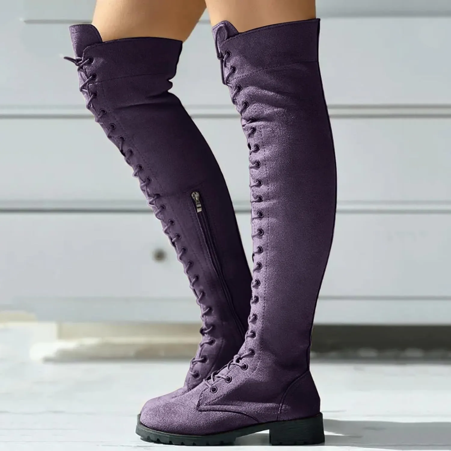 AMDBEL Boots for Women Knee High Wide Calf Boots Low Heel Boots Lace Up Over The Knee Suede Long Boots Fall Winter Shoes