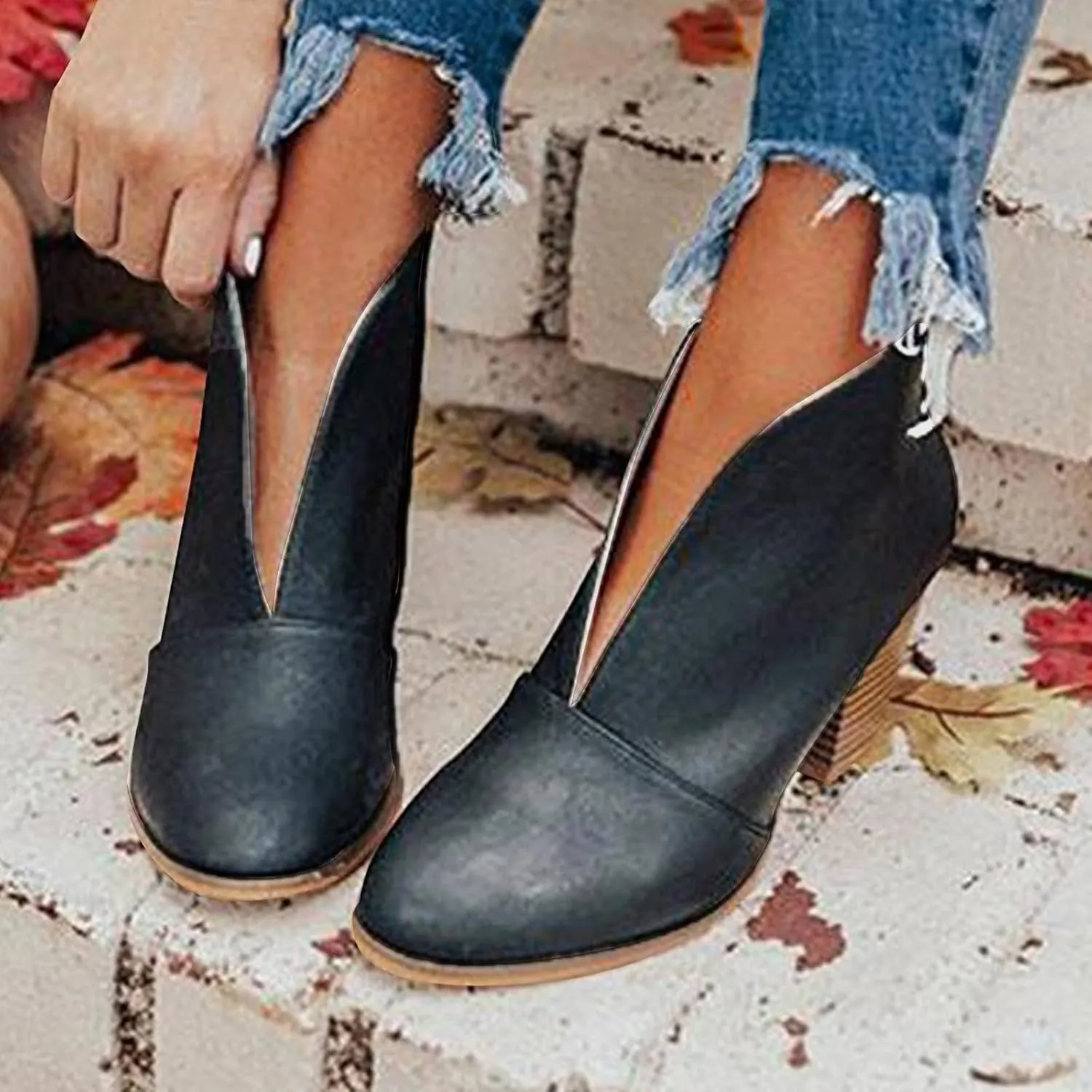 Ankle Boots for Women Fashion V Cut Ankle Booties Pointed Stacked Mid Heel Boots Cowboy Boots Winter Shoes