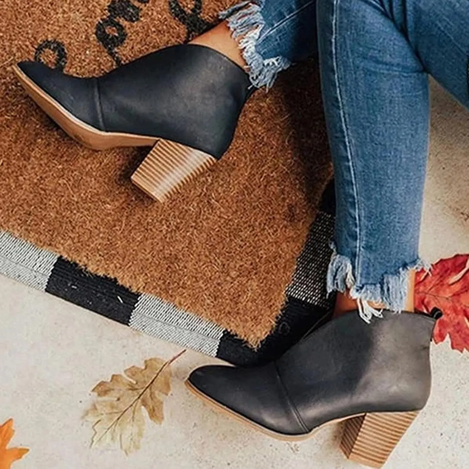 Ankle Boots for Women Fashion V Cut Ankle Booties Pointed Stacked Mid Heel Boots Cowboy Boots Winter Shoes