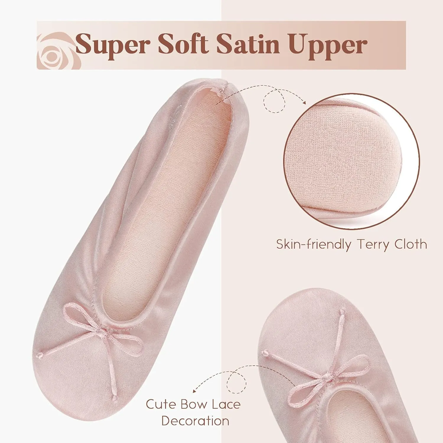 BCTEX COLL Women's Ballerina House Slippers with Bow, Ladies Satin Bedroom Slipper with Suede Sole Indoor