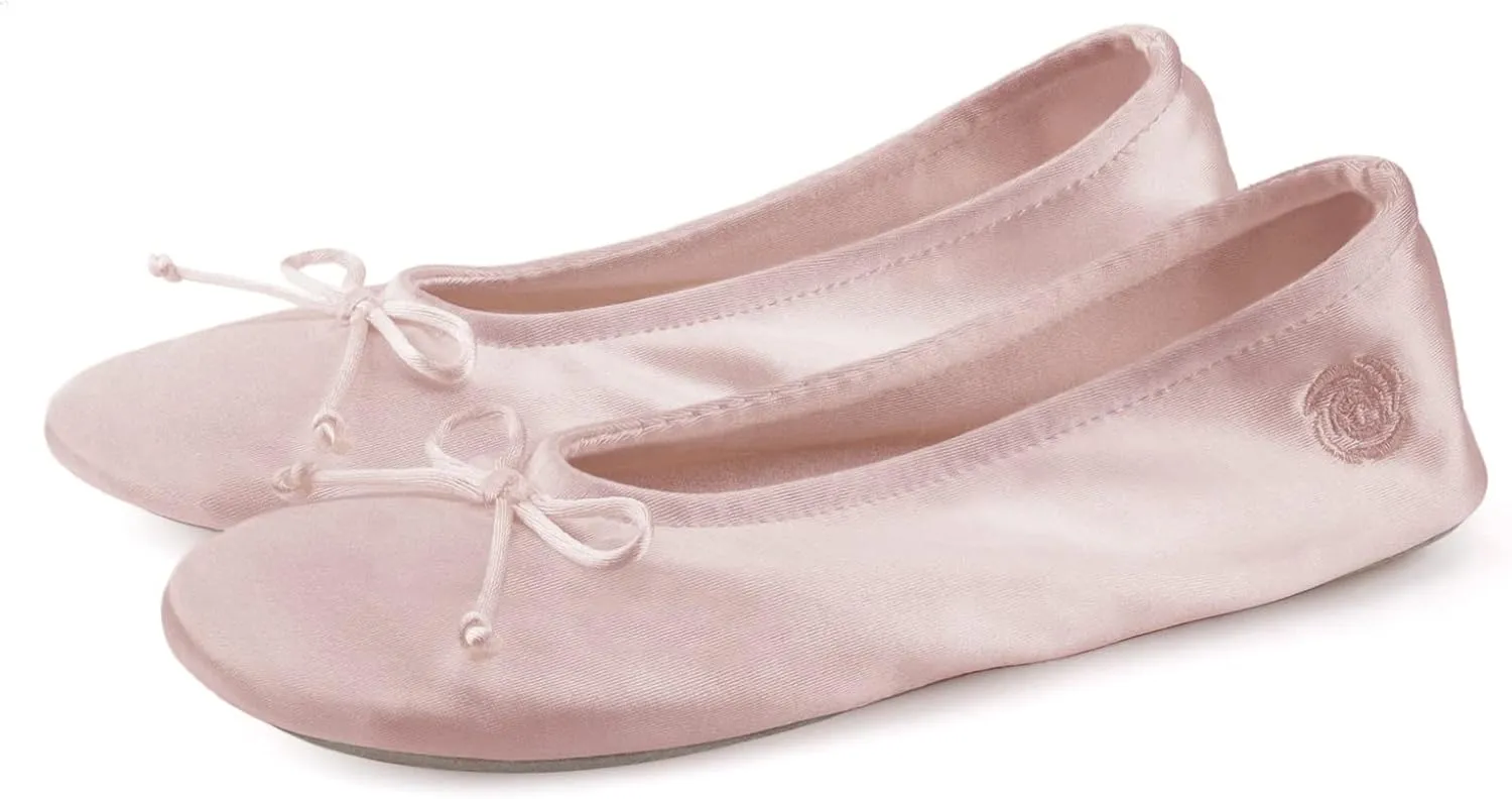 BCTEX COLL Women's Ballerina House Slippers with Bow, Ladies Satin Bedroom Slipper with Suede Sole Indoor