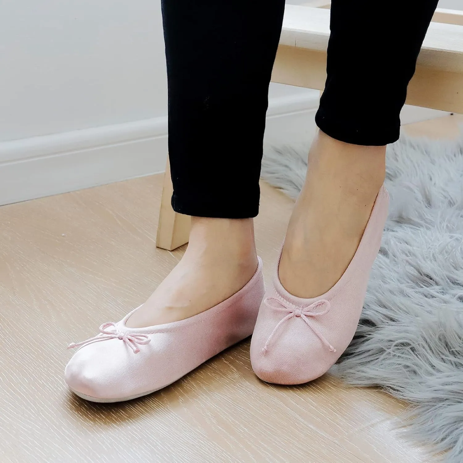 BCTEX COLL Women's Ballerina House Slippers with Bow, Ladies Satin Bedroom Slipper with Suede Sole Indoor