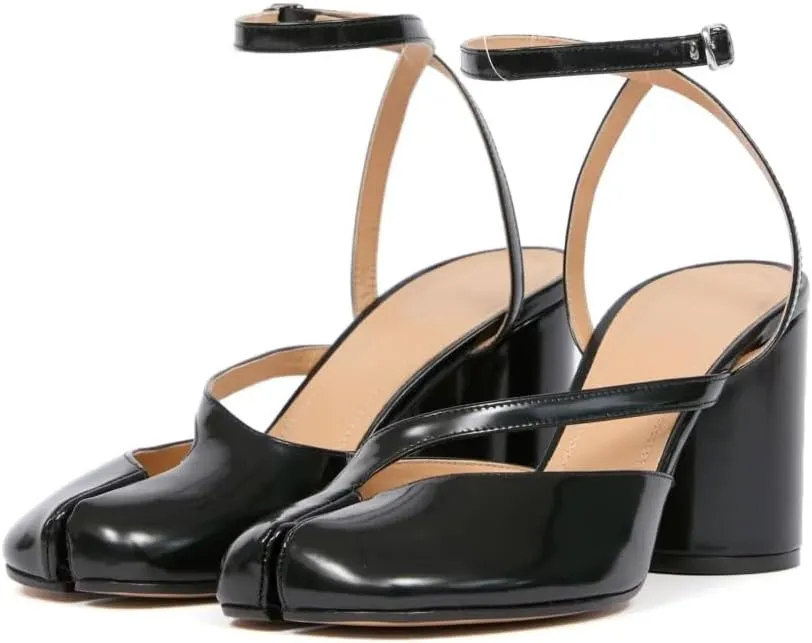 Beauty Cry Womens Tabi Shoes Split Toe Sandal Pumps Chunky Sling Back Sandals Buckle Ankle Strap Leather High Heels