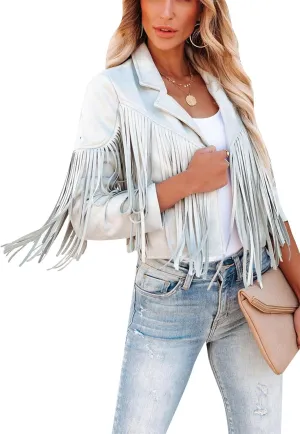 BOFETA Women's Long Sleeve Tassel Faux Suede Leather Cropped Jackets Solid Color Lapel Neck Jacket Coat
