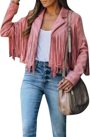 BOFETA Women's Long Sleeve Tassel Faux Suede Leather Cropped Jackets Solid Color Lapel Neck Jacket Coat