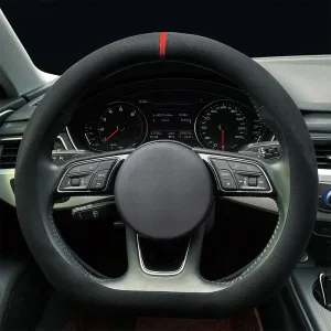 Carodi Car Suede Steering Wheel Cover Car Non-Slip Leather Car Interior Fitting 15-inch Universal（D-Shape,Black red Label）