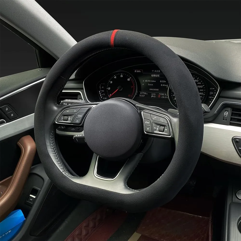 Carodi Car Suede Steering Wheel Cover Car Non-Slip Leather Car Interior Fitting 15-inch Universal（D-Shape,Black red Label）