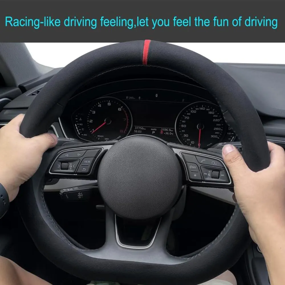 Carodi Car Suede Steering Wheel Cover Car Non-Slip Leather Car Interior Fitting 15-inch Universal（D-Shape,Black red Label）