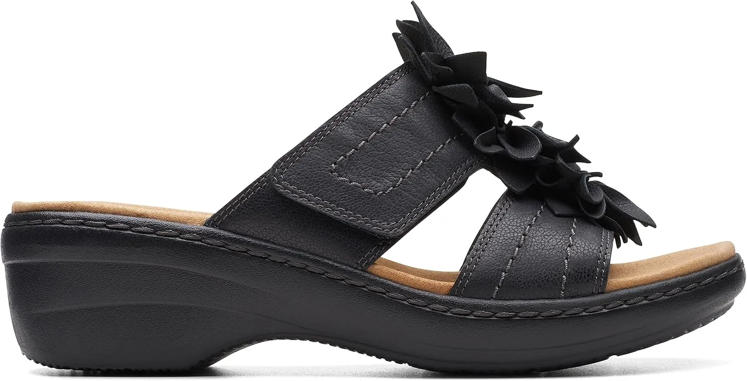 Clarks Women's Merliah Raelyn Slide Sandal, Black Leather, 7.5 Wide