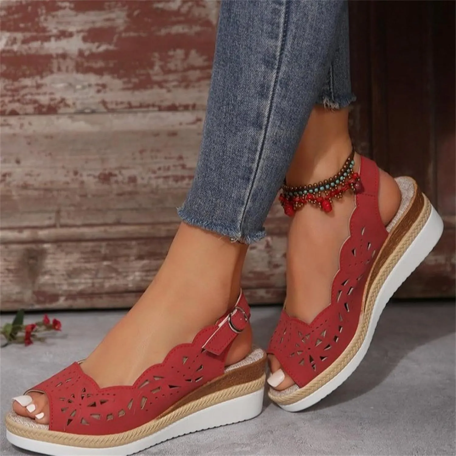 Contrast Paneled Cutout Lace-up Muffin Sandals, 2025 New Summer Causal Womens Lace-Up Peep Toe Platform Wedge Sandals Contrasting Color Stitching Hollow Strap Lace Up Wedges Shoes Sandal