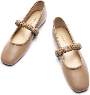 C.Paravano Mary Jane Flats for Women | Square Toe Ballet Flats with Pearl Strap | Comfortable Dress Shoes for Work, Wedding, Party & Daily Wear(Size 6.5,Camel_a)