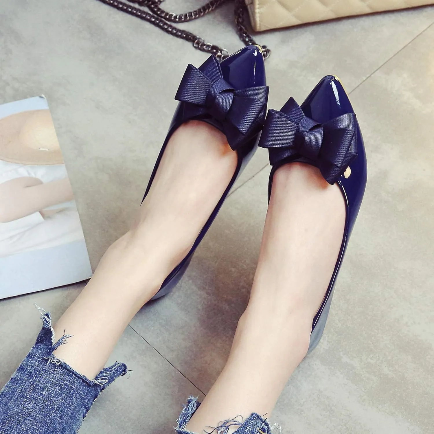 Dear Time Women's Patent Leather Ballet Flat with Bow Comfortable Pointy Slip-on Loafers