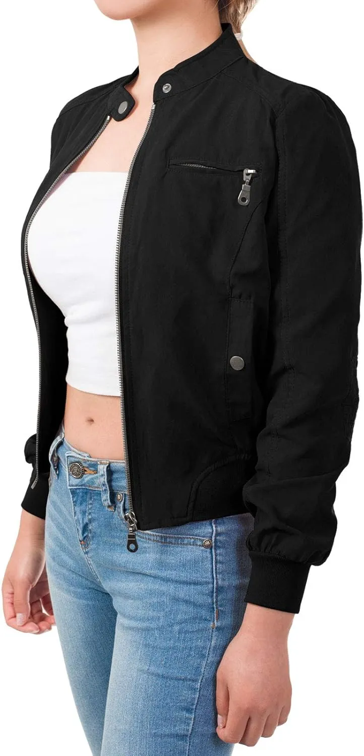Design by Olivia Women's Casual Faux Suede Ribbed Hem Zip Up Bomber Short Jacket