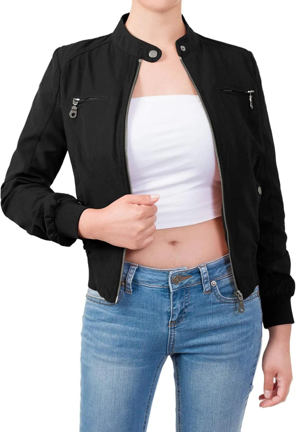Design by Olivia Women's Casual Faux Suede Ribbed Hem Zip Up Bomber Short Jacket