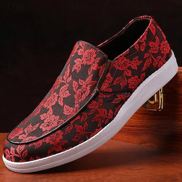 Discounted delivery Black Loafers – Men's Slip-On Jacquard Red Floral Unbeatable and