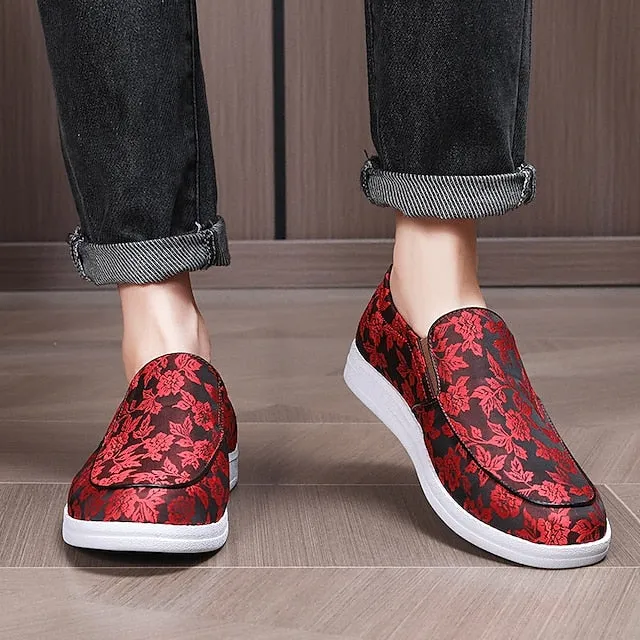 Discounted delivery Black Loafers – Men's Slip-On Jacquard Red Floral Unbeatable and