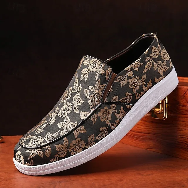 Discounted delivery Black Loafers – Men's Slip-On Jacquard Red Floral Unbeatable and