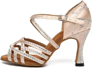 DKZSYIM Women 's Satin Latin Dance Shoes Rhinestone Ballroom Salsa Performance Practice Dancing Shoes,Model YCL356