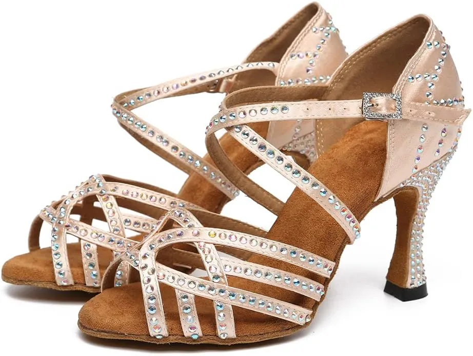 DKZSYIM Women 's Satin Latin Dance Shoes Rhinestone Ballroom Salsa Performance Practice Dancing Shoes,Model YCL356