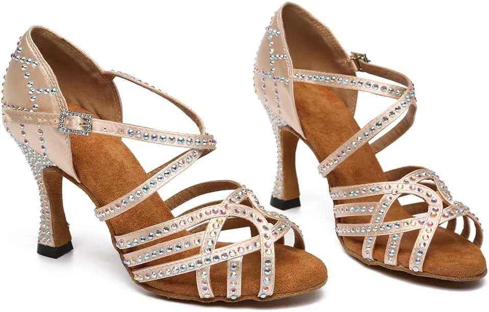 DKZSYIM Women 's Satin Latin Dance Shoes Rhinestone Ballroom Salsa Performance Practice Dancing Shoes,Model YCL356