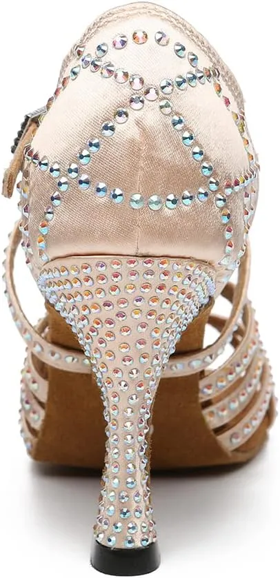 DKZSYIM Women 's Satin Latin Dance Shoes Rhinestone Ballroom Salsa Performance Practice Dancing Shoes,Model YCL356