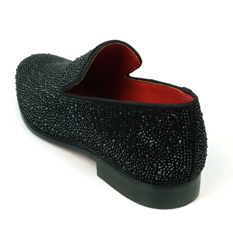 Fiesso FI-7525 Black Suede Black Rhinestones Slip on Loafers
