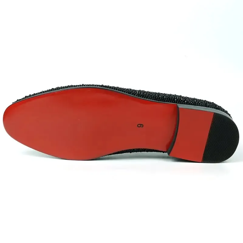 Fiesso FI-7525 Black Suede Black Rhinestones Slip on Loafers