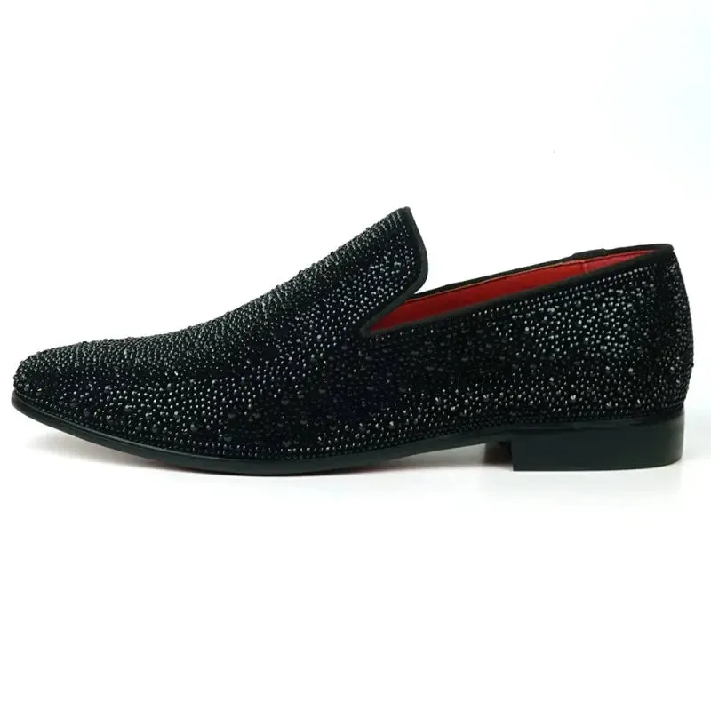 Fiesso FI-7525 Black Suede Black Rhinestones Slip on Loafers
