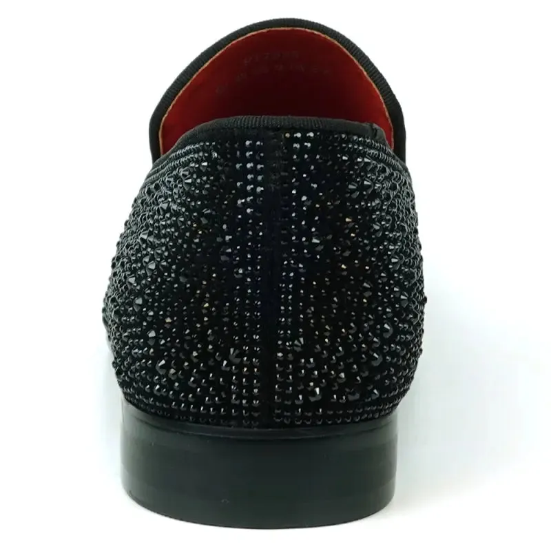 Fiesso FI-7525 Black Suede Black Rhinestones Slip on Loafers