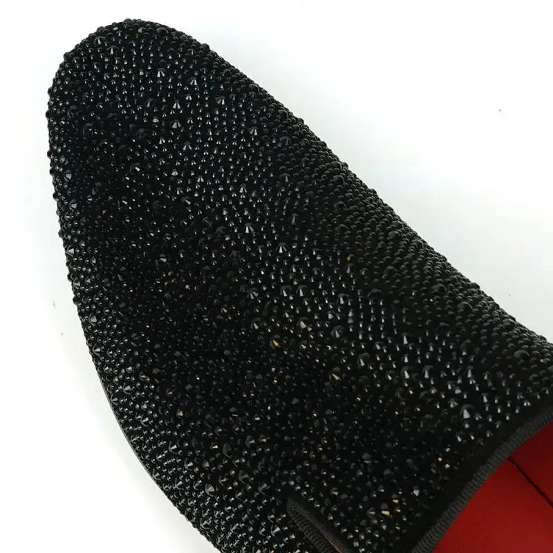 Fiesso FI-7525 Black Suede Black Rhinestones Slip on Loafers