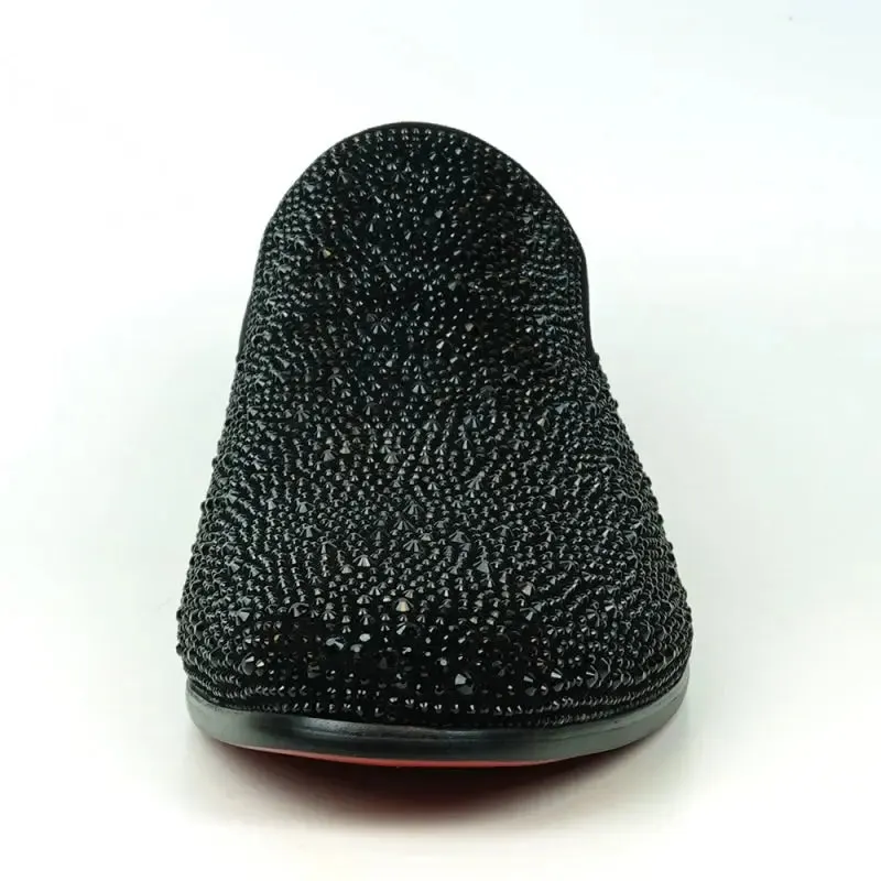 Fiesso FI-7525 Black Suede Black Rhinestones Slip on Loafers