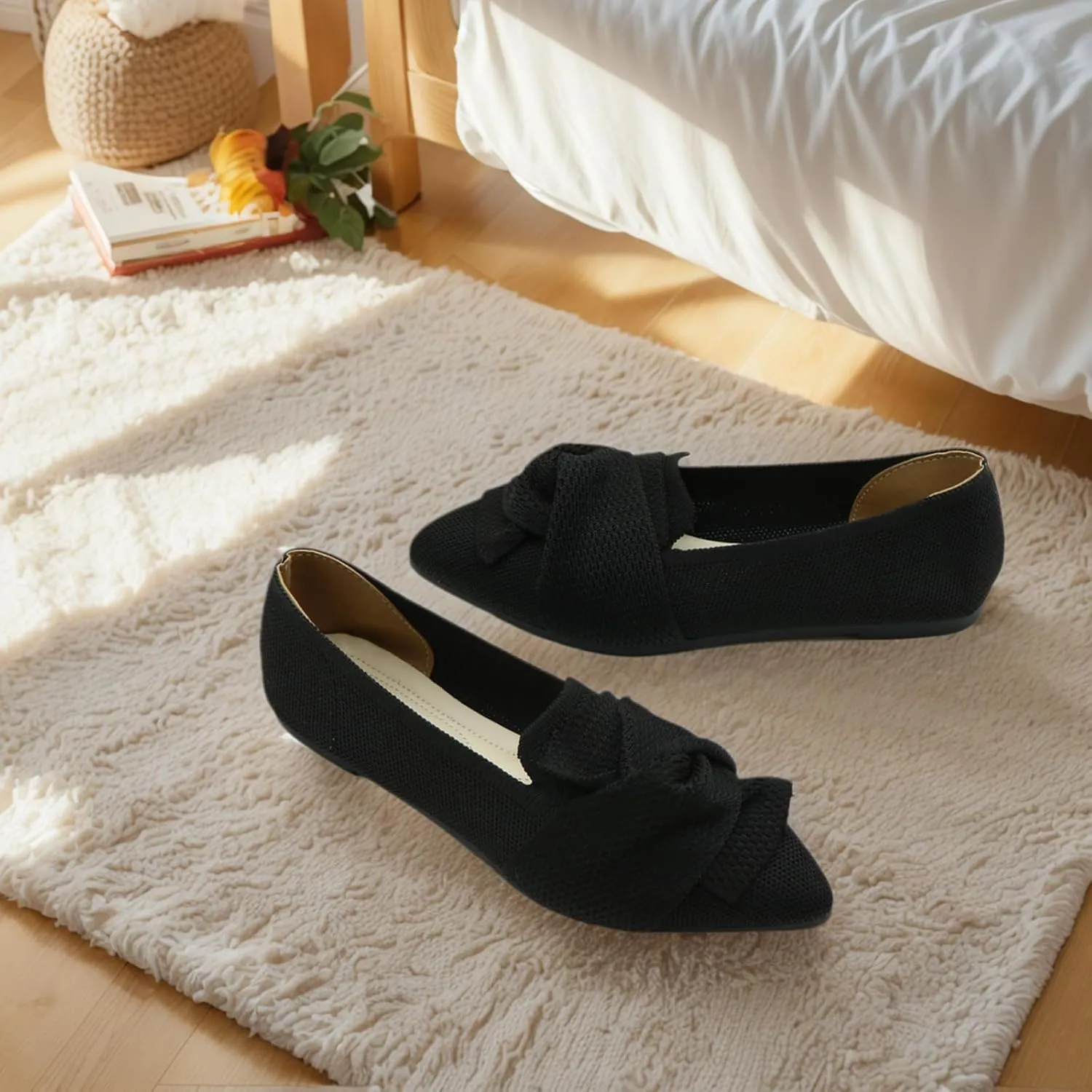 Flats for Women Featuring Pointed Toe, Elegant Bow, and Comfortable Knit, Softable Classical Shoes