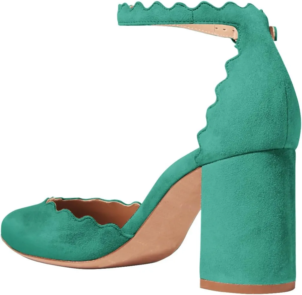 FSJ Women Comfortable Ankle Strap Buckle Pumps Retro Classic Block Chunky Heels Sandals Faux Suede Closed Round Almond Toe Orsay Formal Office Shoes Size 4-15 US