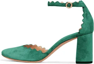 FSJ Women Comfortable Ankle Strap Buckle Pumps Retro Classic Block Chunky Heels Sandals Faux Suede Closed Round Almond Toe Orsay Formal Office Shoes Size 4-15 US