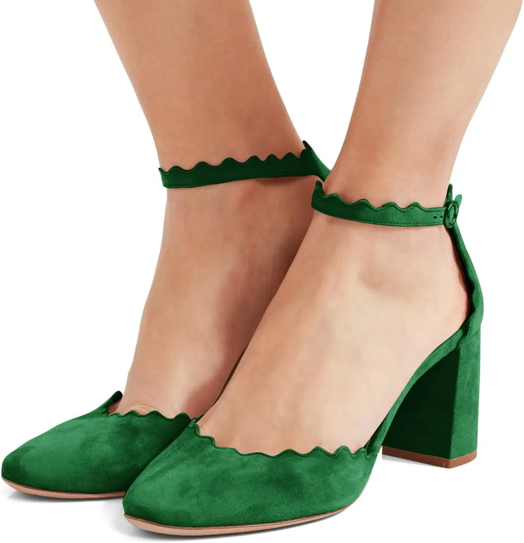 FSJ Women Comfortable Ankle Strap Buckle Pumps Retro Classic Block Chunky Heels Sandals Faux Suede Closed Round Almond Toe Orsay Formal Office Shoes Size 4-15 US