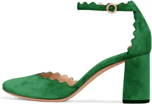 FSJ Women Comfortable Ankle Strap Buckle Pumps Retro Classic Block Chunky Heels Sandals Faux Suede Closed Round Almond Toe Orsay Formal Office Shoes Size 4-15 US