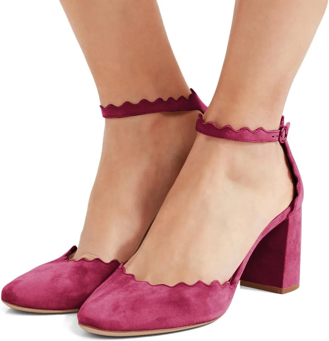 FSJ Women Comfortable Ankle Strap Buckle Pumps Retro Classic Block Chunky Heels Sandals Faux Suede Closed Round Almond Toe Orsay Formal Office Shoes Size 4-15 US