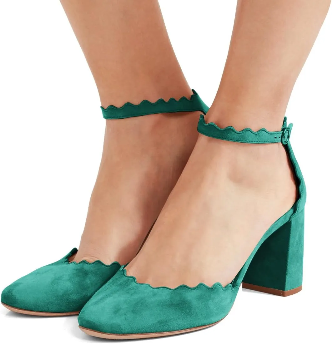FSJ Women Comfortable Ankle Strap Buckle Pumps Retro Classic Block Chunky Heels Sandals Faux Suede Closed Round Almond Toe Orsay Formal Office Shoes Size 4-15 US