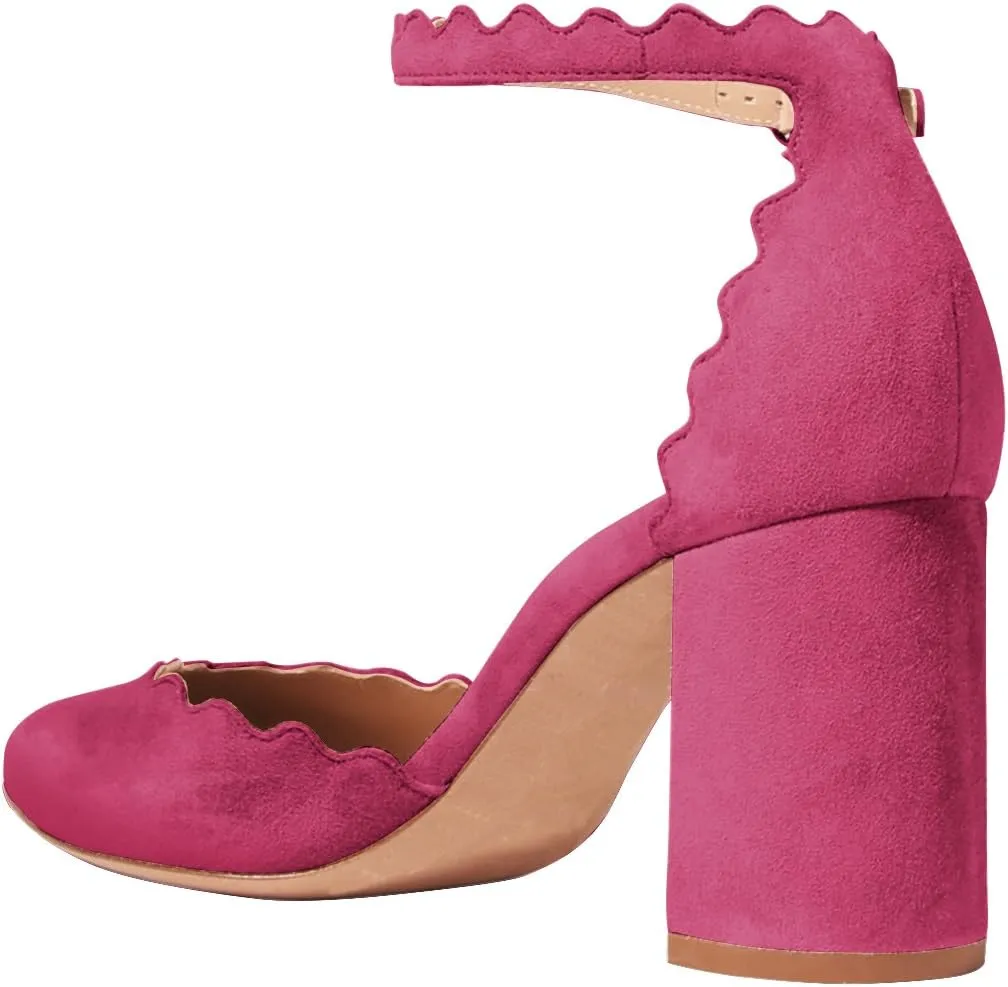 FSJ Women Comfortable Ankle Strap Buckle Pumps Retro Classic Block Chunky Heels Sandals Faux Suede Closed Round Almond Toe Orsay Formal Office Shoes Size 4-15 US