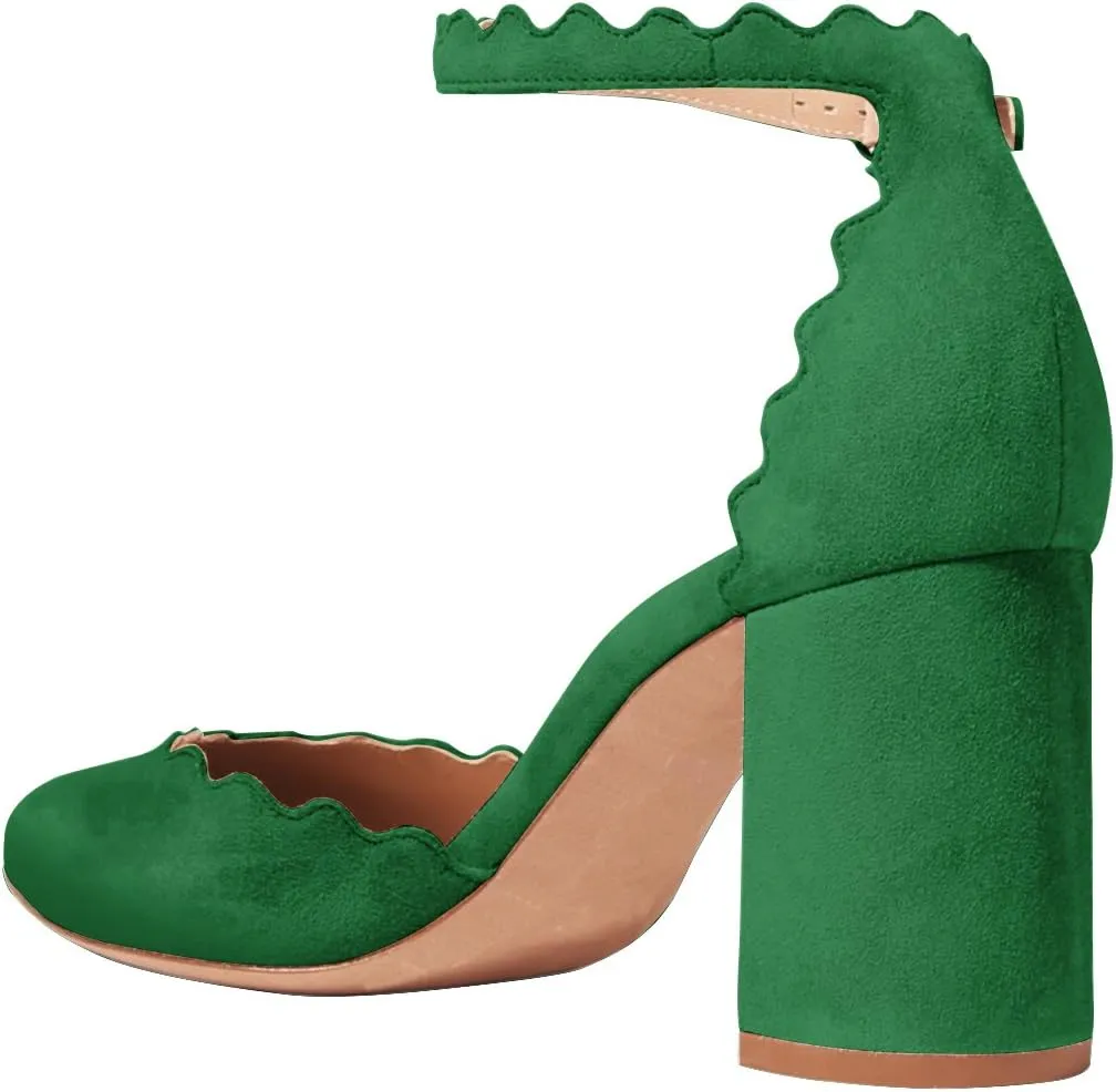 FSJ Women Comfortable Ankle Strap Buckle Pumps Retro Classic Block Chunky Heels Sandals Faux Suede Closed Round Almond Toe Orsay Formal Office Shoes Size 4-15 US