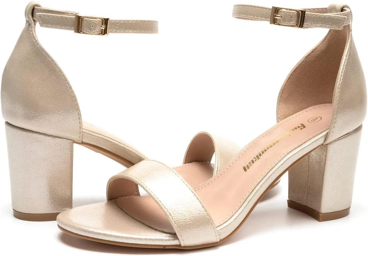 FUNKYMONKEY Women's Chunky High Heels Sandals,Two Strap Open Toe Ankle Strap Heeled Sandal,Party Wedding Strappy Buckle Sandals