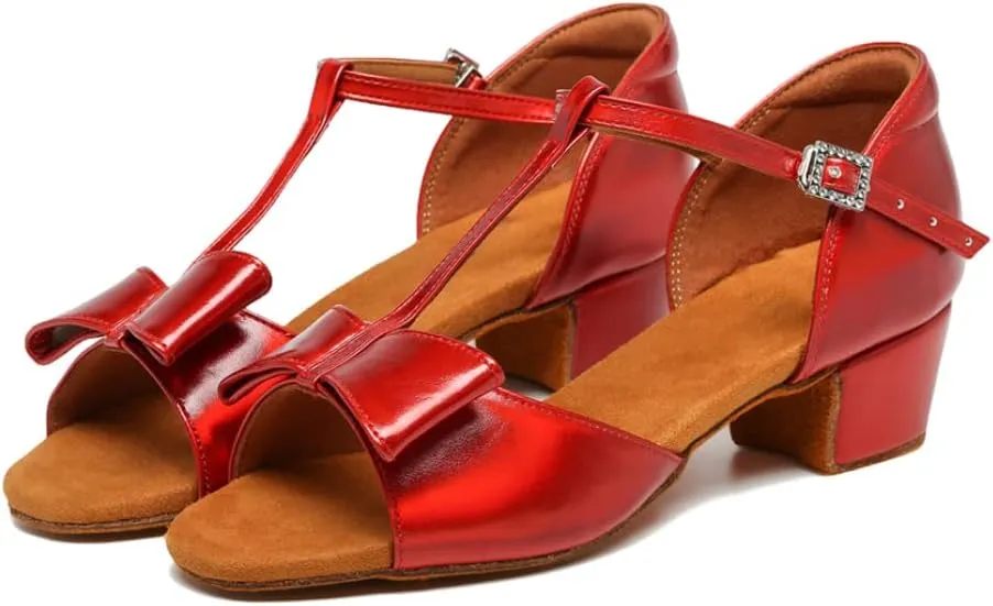 Girls Latin Dance Shoes Cute Bow Ballroom Salsa Professional Performance Practice Dance Shoes Low Heel, Model EM-L1022