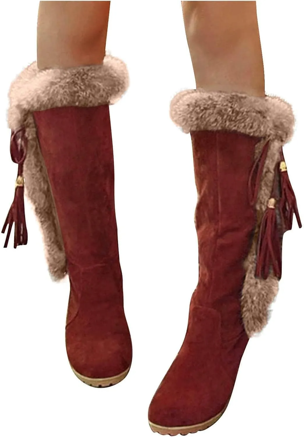 GUNIYIFS Womens Winter Snow Boots Chunky Heel Fur Lined Warm Boots Comfortable Slip On Suede Mid-Calf High Heel Boots Fashion