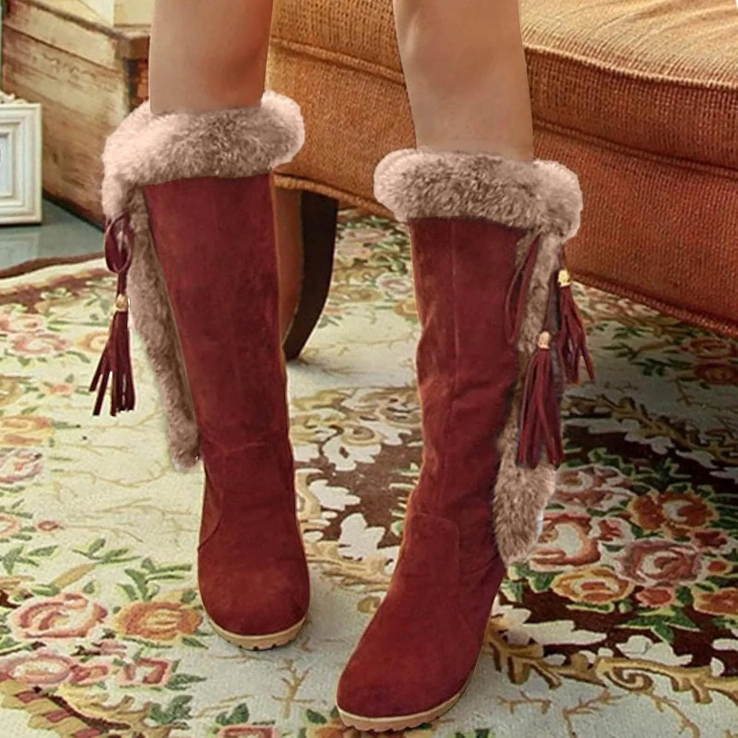 GUNIYIFS Womens Winter Snow Boots Chunky Heel Fur Lined Warm Boots Comfortable Slip On Suede Mid-Calf High Heel Boots Fashion