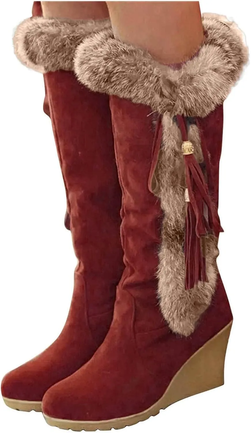 GUNIYIFS Womens Winter Snow Boots Chunky Heel Fur Lined Warm Boots Comfortable Slip On Suede Mid-Calf High Heel Boots Fashion
